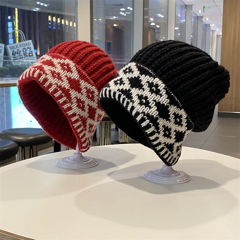 复古格子大头围毛线帽男女秋冬季显脸小包头冷帽百搭针织堆堆帽子