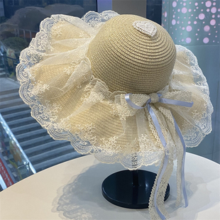 蝴蝶结飘带蕾丝草帽女夏季 可折叠遮阳防晒帽海边度假沙滩太阳帽子