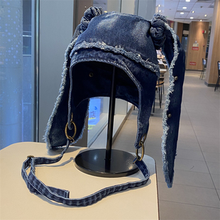 春秋季新款做旧水洗兔耳朵牛仔包包帽女日系个性潮流街头时尚帽子