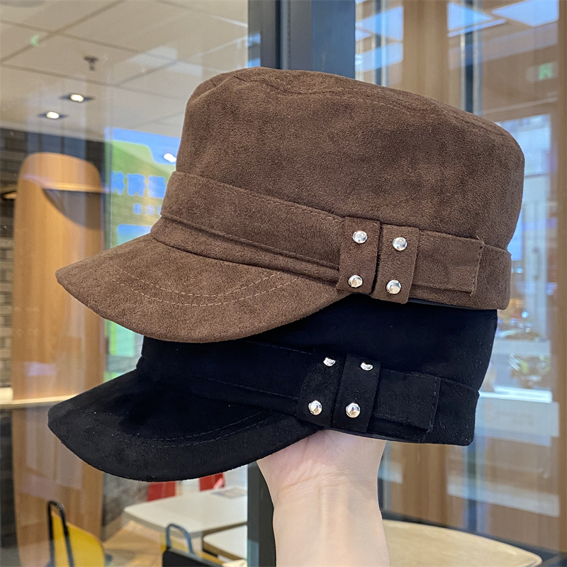 复古麂皮绒平顶马术帽女秋冬季帽