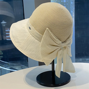 韩版 户外出游遮阳防晒帽优雅蝴蝶结太阳帽 拼接草编渔夫帽子女夏季