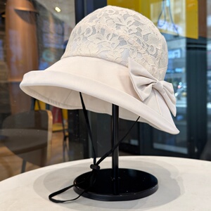 蕾丝蝴蝶结渔夫帽女夏季卷边宽檐盆帽大头围显脸小遮阳防晒帽百搭
