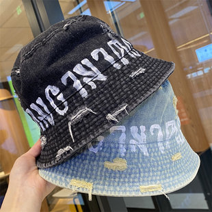 潮牌破旧牛仔渔夫帽男女春夏季 百搭显脸小盆帽 户外防晒遮阳帽时尚