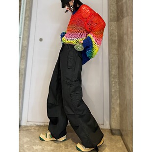 美式美邦高街辣妹工装裤女设计感降落伞兵裤hiphop嘻哈跳舞长裤子