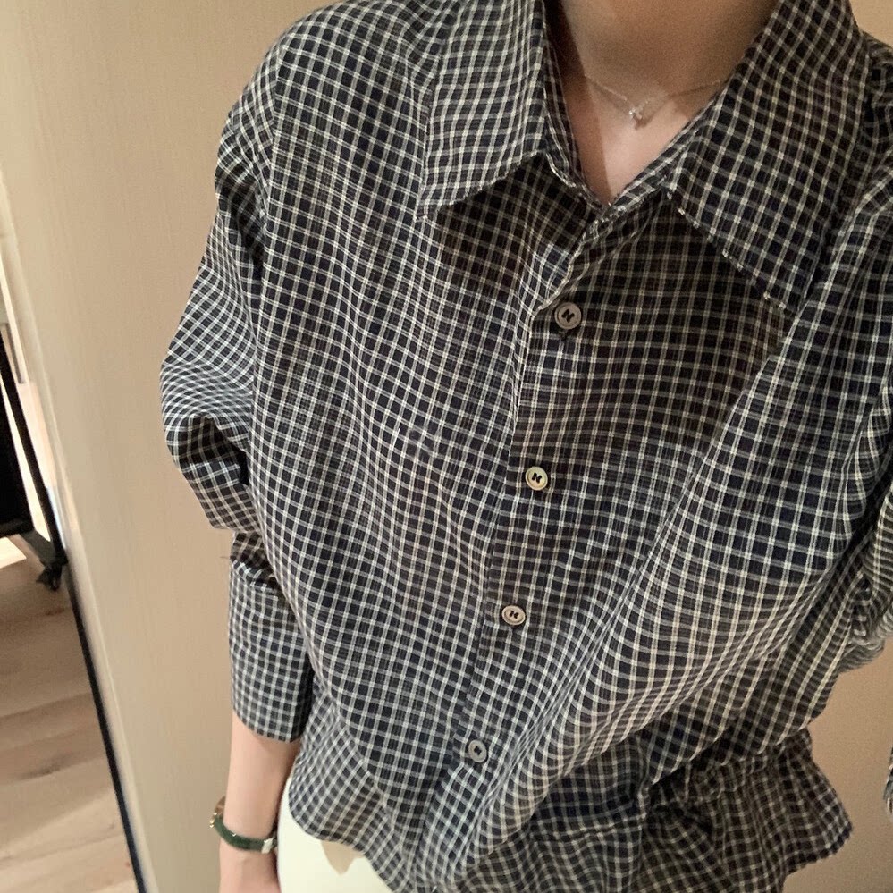 2025秋季新品简约复古收腰绑带设计格子衬衫女韩系风休闲长袖上衣