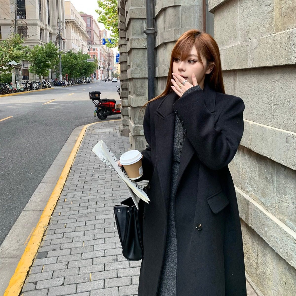 已出货 黑色风衣外套女秋冬韩版宽松垫肩高级感廓形西装毛呢大衣