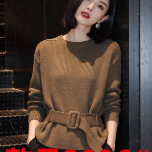 2025冬季新款复古圆领系带收腰针织衫女士长袖显瘦高级感时尚上衣
