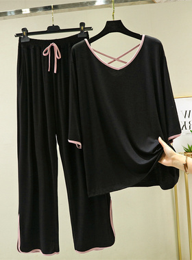 胖MM特大码300斤休闲V领美背七分袖夏季短袖长裤家居服两件套女装