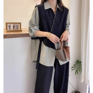 款 衬衫 气质法式 拼接条纹设计感ins假两件胖MM300斤大码 女 长袖 夏季