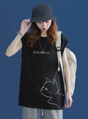 胖mm2-300斤超大码无袖背心t恤女夏装薄款宽松百搭中长款遮肚上衣