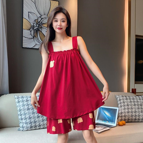 宽松薄款吊带背心高腰短裤两件套