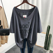 300斤大码 短袖 t恤女夏装 胖mm2 新款 低领口宽松圆领锁骨上衣ins潮