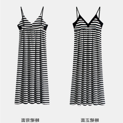 夏季胖MM300斤大码宽松显瘦条纹过膝外穿吊带睡衣长款睡裙女新款