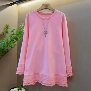 纯色甜美风ins女款 春秋季 胖妹妹300斤特大码 时尚 蕾丝拼接T恤 美式