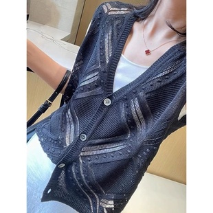 气质V领开衫 胖MM300斤夏季 大码 钩花镂空冰丝针织衫 马甲背心 小众款