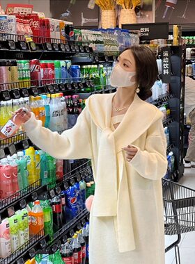 镂空V领针织毛衣衫中长款连衣裙