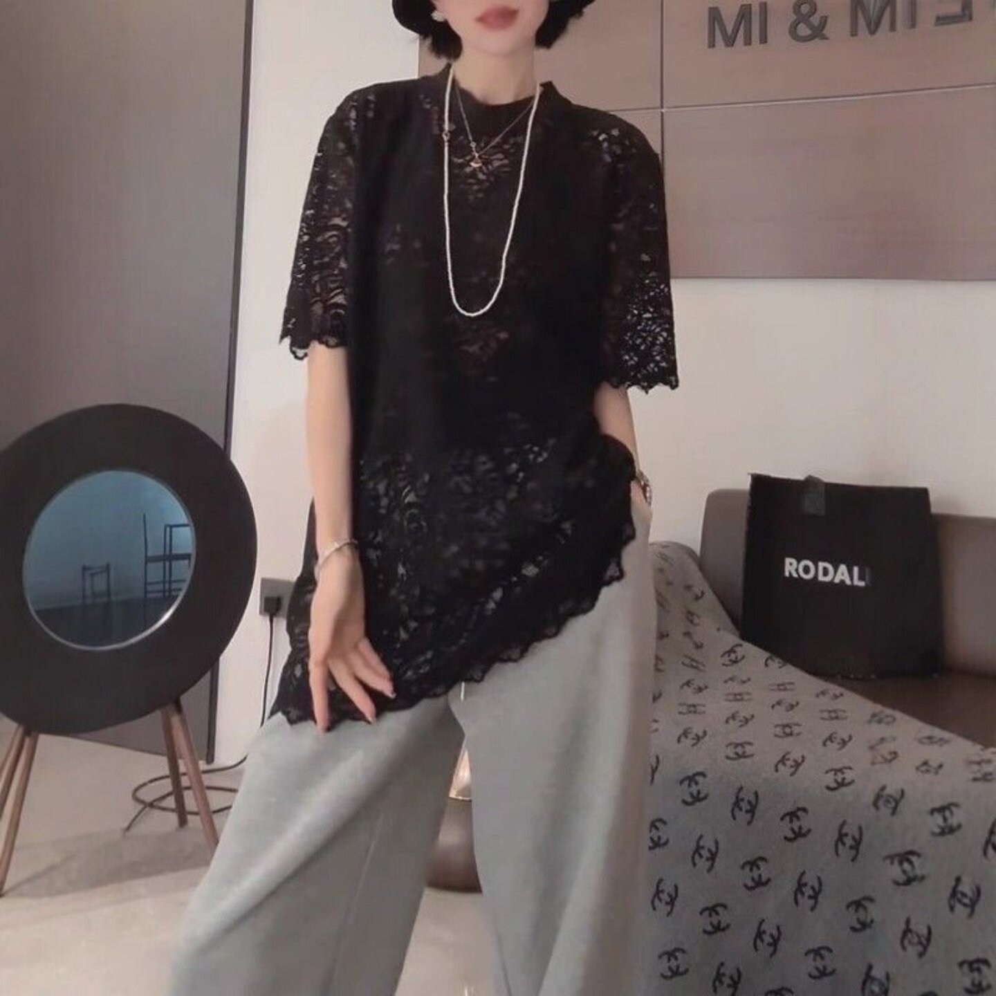 高级感镂空短袖蕾丝衫女中长款显瘦气质圆领叠穿超大码上衣300斤