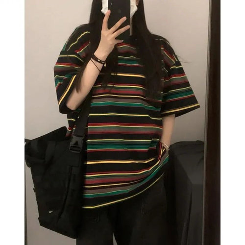 夏季大码港味复古oversize短袖上衣女胖MM300斤宽松条纹半袖T恤潮