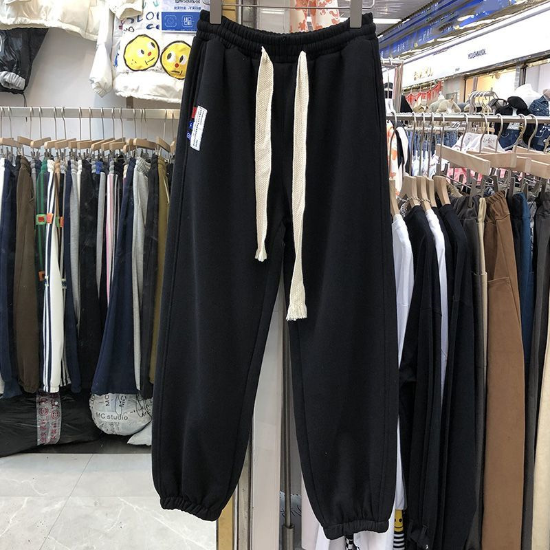 大码休闲宽松高腰抽绳贴标运动裤