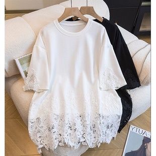 韩系蕾丝钩花拼接圆领T恤女300斤胖MM中长款 上衣潮 遮臀镂空加大码