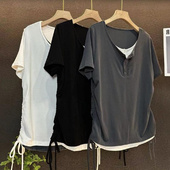 300斤遮肉显瘦休闲风假两件韩版 短袖 超大码 女装 上衣T恤 夏款 胖MM2