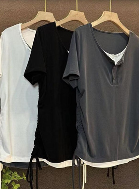 胖MM2-300斤遮肉显瘦休闲风假两件韩版超大码夏款女装短袖上衣T恤