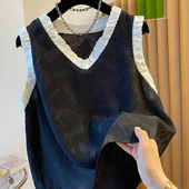 宽松遮肉木耳边套头上衣300斤别致V领拼接无袖 薄款 大码 背心女胖MM