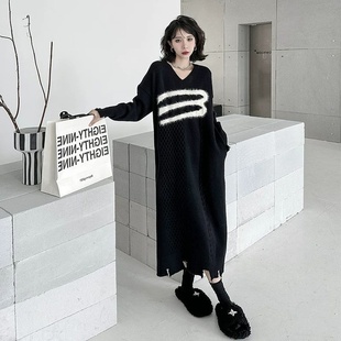 秋冬季新款时尚美式简约休闲风胖MM300斤超大码女款针织毛衣裙ins