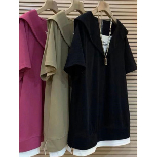 胖妹妹300斤超大码 上衣T恤女装 中长款 遮肉时尚 假两件纯色短袖 夏季