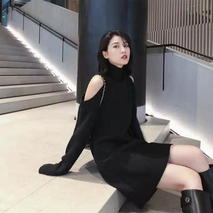 胖MM300斤大码 性感打底针织连衣裙 露肩高领毛衣女宽松内搭中长款