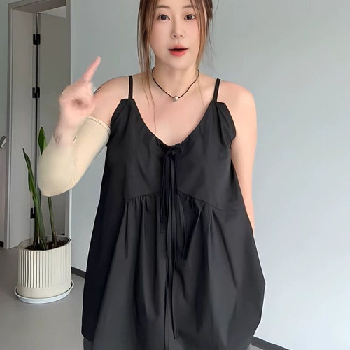 夏款大码胖MM潮流绑带设计感吊带上衣300斤显瘦遮肉纯色无袖背心