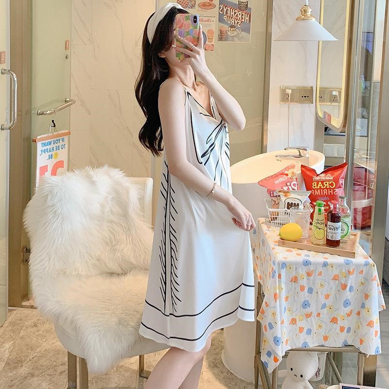 뚱뚱한 MM2-300 파운드 여성용 플러스 사이즈 잠옷 여름 얇은 V 넥 느슨한 순수한 정욕 스타일 중간 길이 서스펜더 섹시한 스커트