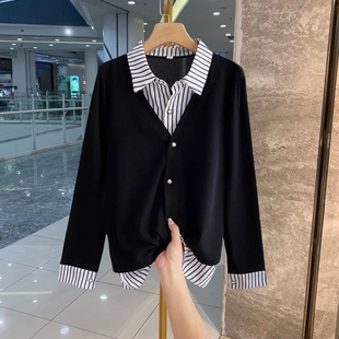 POLO领条纹拼接休闲百搭上衣300斤大码 衬衫 气质假两件长袖 春秋款