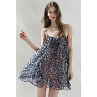 夏季甜美碎花吊带睡裙女胖MM无袖一字领薄款透气家居服300斤大码