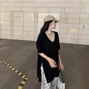 T恤女夏季 胖mm2 短袖 中长款 套头宽松显瘦侧开叉遮肚上衣 300斤大码