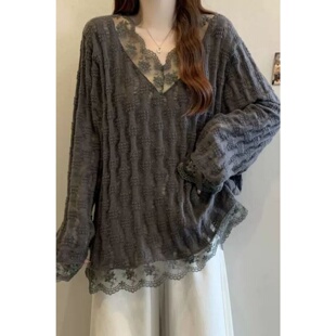 女装 显瘦中长款 秋季 蕾丝衫 上衣女 甜美风镂空V领长袖 胖MM300斤大码