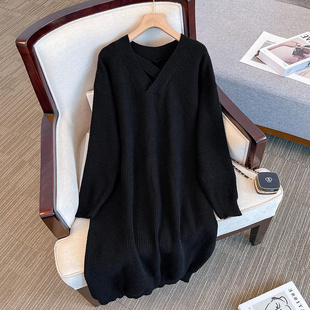 中长款 300斤特大码 v领显瘦针织毛衣打底百搭连衣裙 胖MM2 秋冬新款