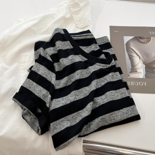 新款 百搭条纹女胖MM300斤大码 韩版 薄款 上衣T恤 简约风宽松短袖 夏季