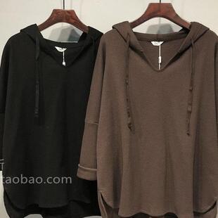 拼接连帽春秋女装 纯色慵懒风复古休闲长袖 卫衣 300斤特大码 胖MM2