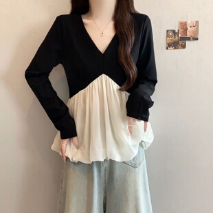 长袖 大码 V领撞色时尚 雪纺拼接T恤衫 打底上衣 300斤胖MM韩系设计款