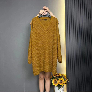 女装 特大码 胖妹妹2 300斤V领长袖 秋冬季 针织毛衣衫 港风复古中长款