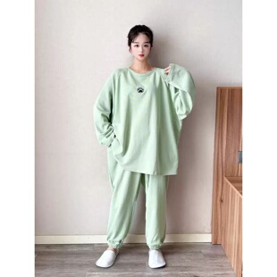 秋冬元气轻活风刺绣睡衣长袖长裤可外穿家居服套装大码显瘦300斤