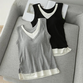 300斤修身 撞色假两件吊带背心大码 V领不可拆卸一体胸垫外穿上衣女