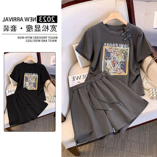 休闲运动套装 复古风别致设计感短袖 300斤特大码 胖MM2 夏 上衣女装