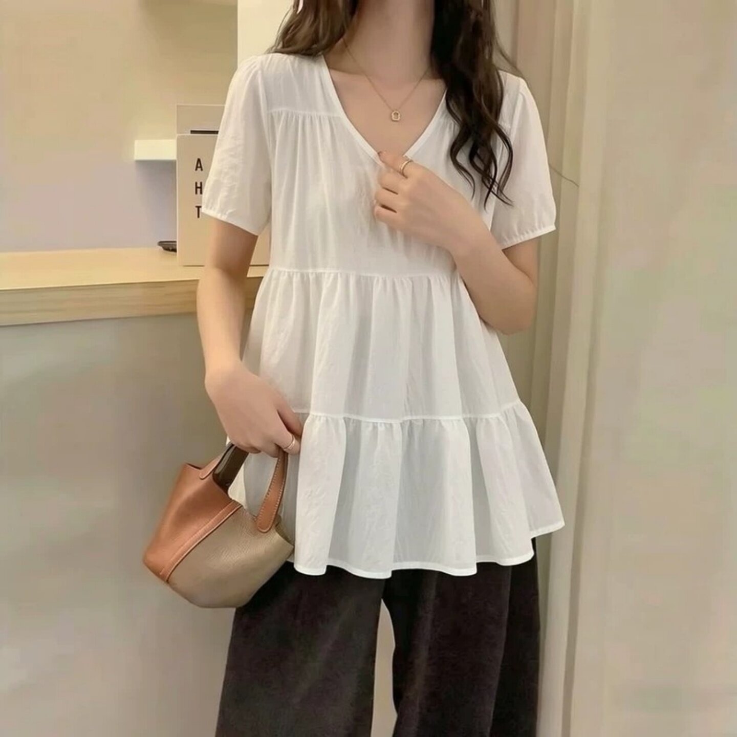 300斤特大码V领短袖T恤女夏季薄款宽松遮肚中长款娃娃衫显瘦上衣