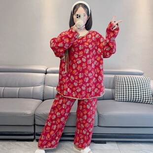 复古风圆领碎花睡衣冬季长袖长裤宽松可外穿家居服套装300斤大码