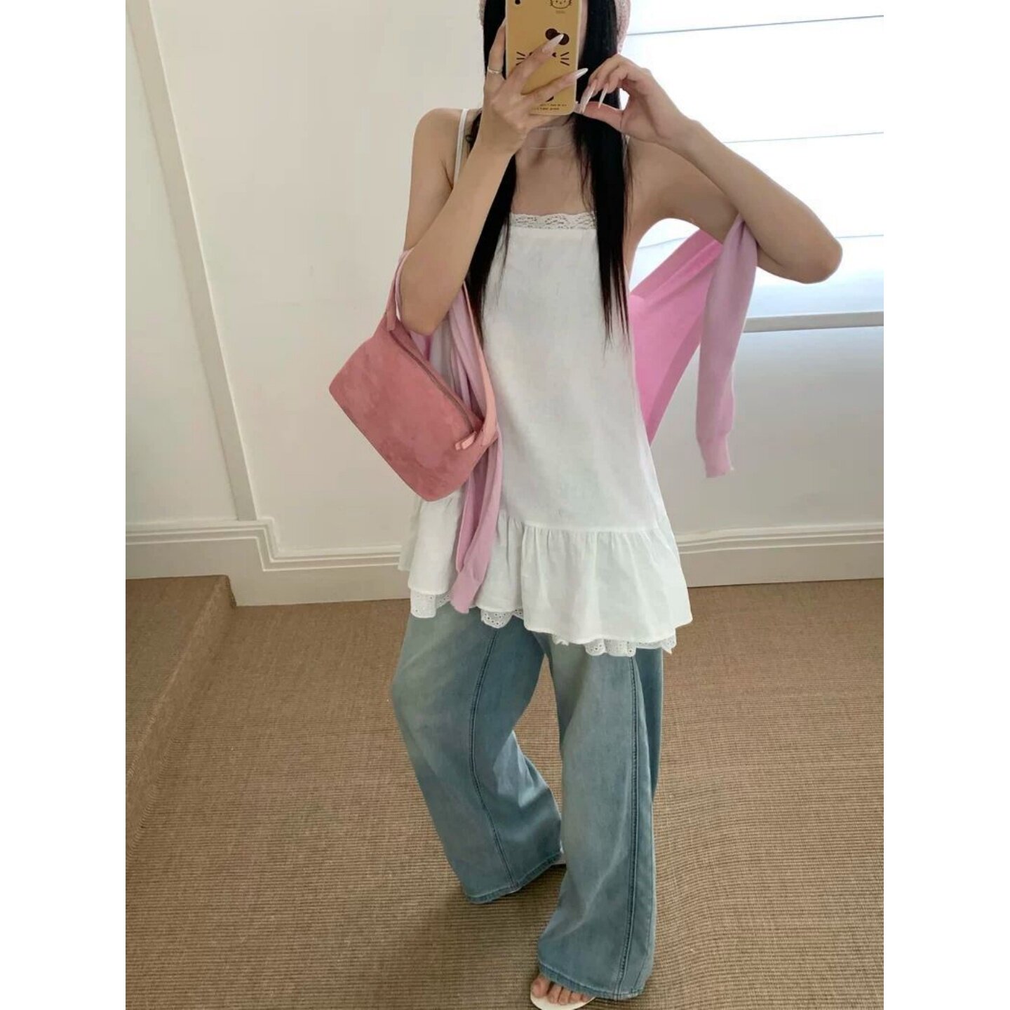 温柔风蕾丝花边吊带背心女300斤大码中长款套头减龄显瘦外穿上衣