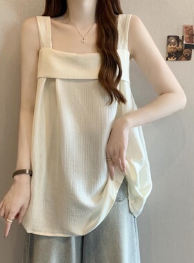韩系胖MM甜美气质吊带背心女大码300斤夏款纯色遮肚显瘦无袖T恤衫