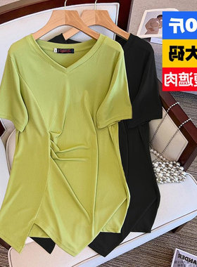 胖MM大码韩版宽松压褶弹力短袖女300斤时尚V领不规则上衣中长款潮