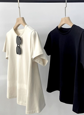 夏季简约休闲风纯色短袖女装胖妹妹2-300斤超大码伞状A字下摆T恤